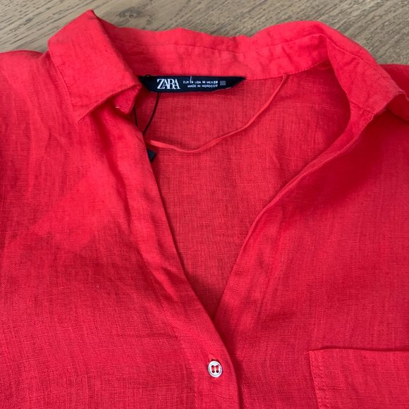 Zara 100% Linen V-Neck Button-up Pockets Long Convertible Sleeve Shirt Size M - Picture 5 of 11